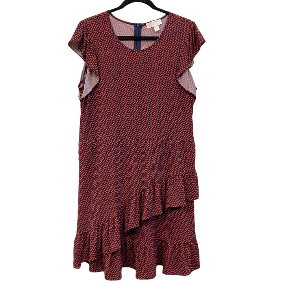 MICHAEL Michael Kors Dark Blue & Red Ruffle Stretch Dress With Belt XL